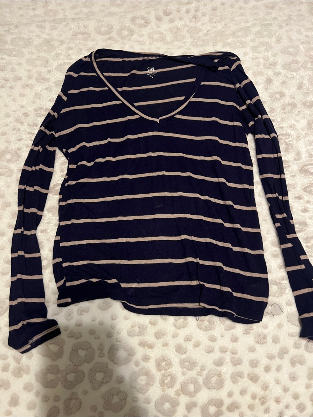 Wet Seal Navy and Beige Striped V-Neck Long Sleeve Top